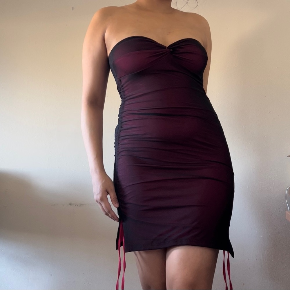 SHEIN Twist Front Ruched Mesh Bodycon Tube Ribbed Dress